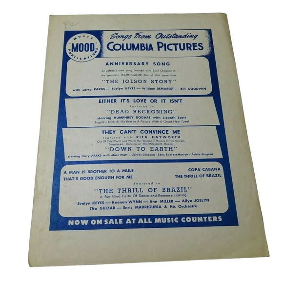 Vintage Anniversary Song from Columbia Picture The Jolson Story Sheet Music Art - Picture 2 of 5